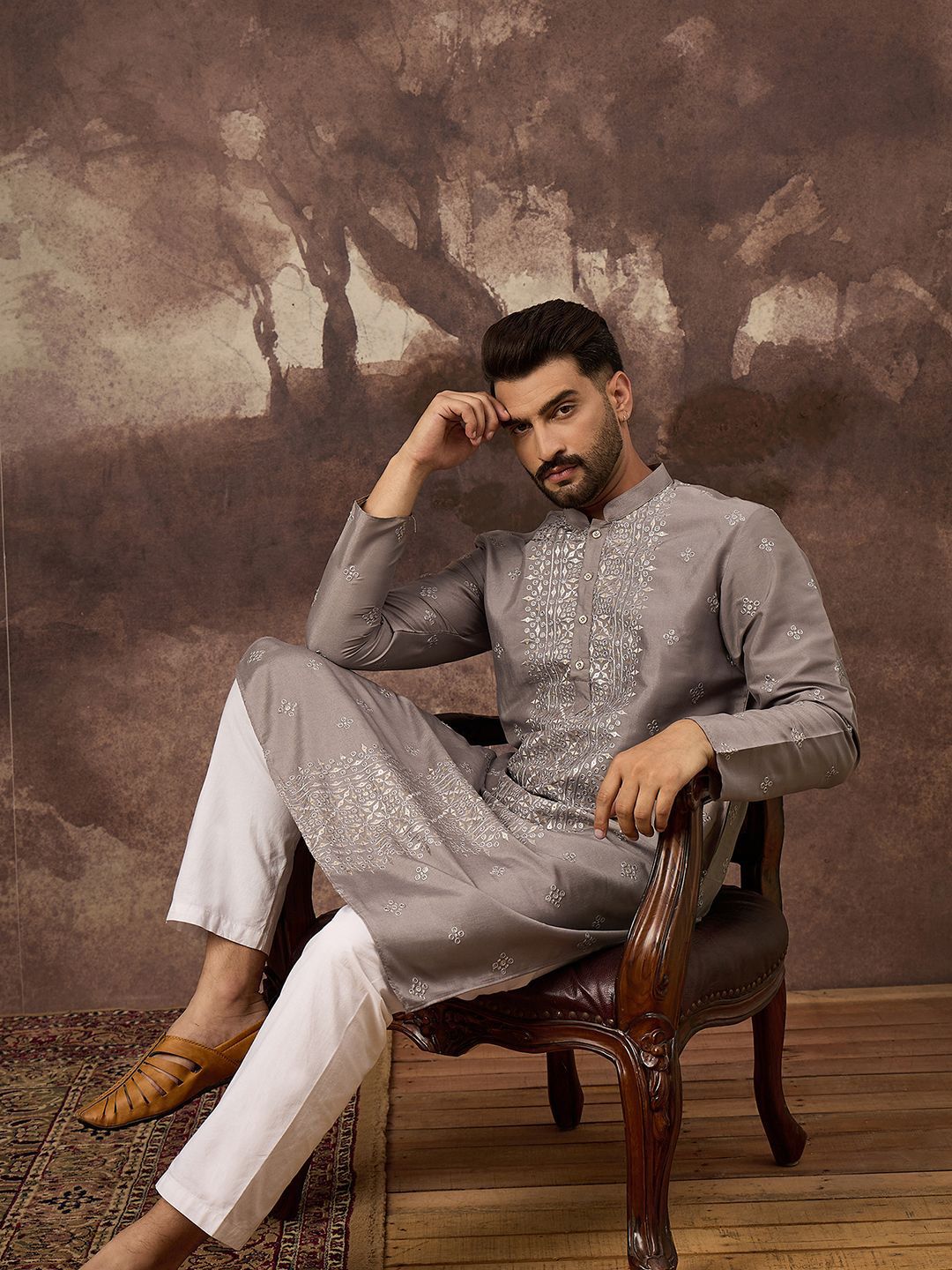 Men Grey Silk Blend Solid Embroidered Straight Kurta With Pant Set-MKSET1420