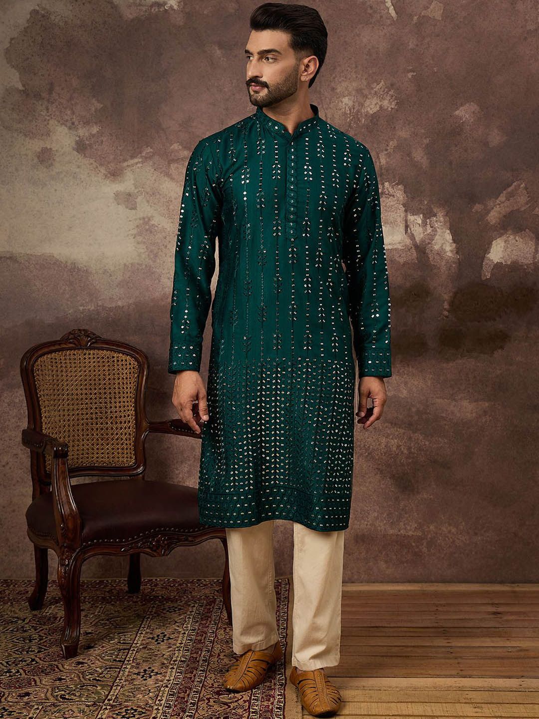 Men Teal Silk Blend Solid Embroidered Straight Kurta With Pant Set-MKSET1357