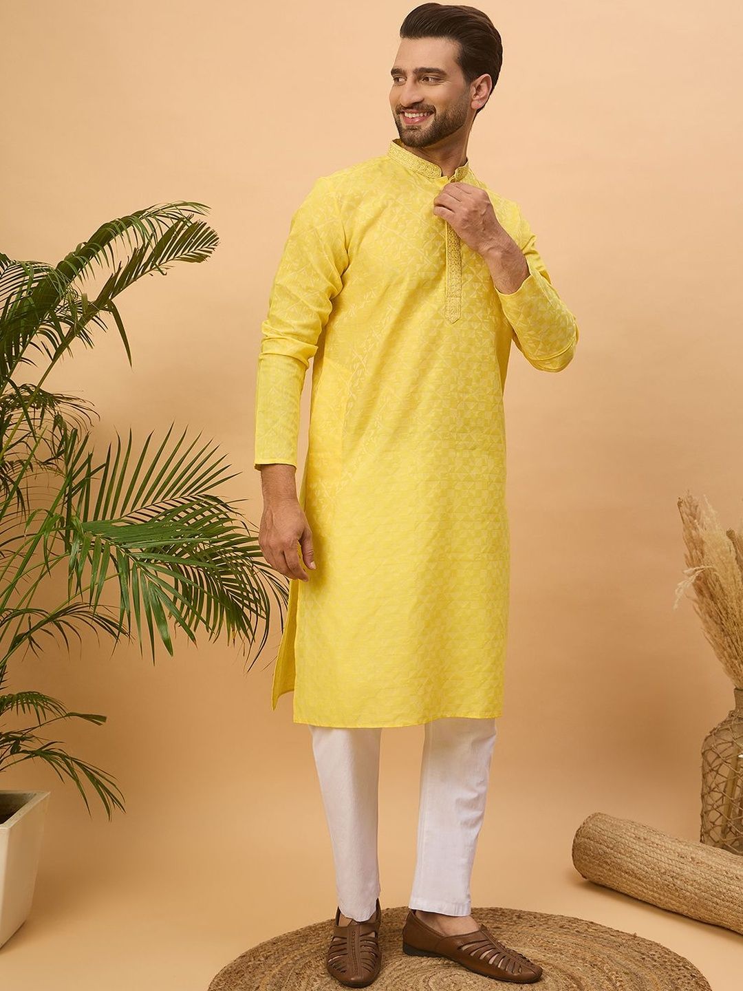Men Yellow Silk Blend Solid Embroidered Straight Kurta With Pant Set-MKSET1455