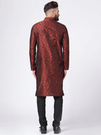 Men Maroon & Black Woven Design Kurta with Churidar