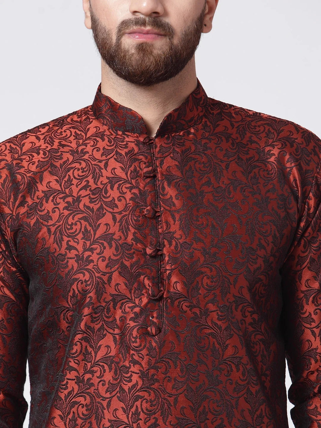 Men Maroon & Black Woven Design Kurta with Churidar