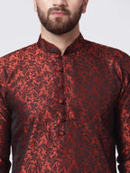 Men Maroon & Black Woven Design Kurta with Churidar