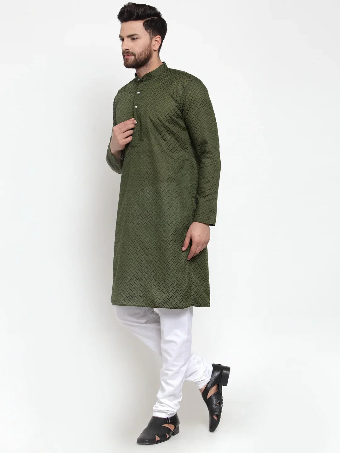 Men Olive Green Chikan Kurta with Churidar ( JOKP 561 Olive )-JOKP-561
