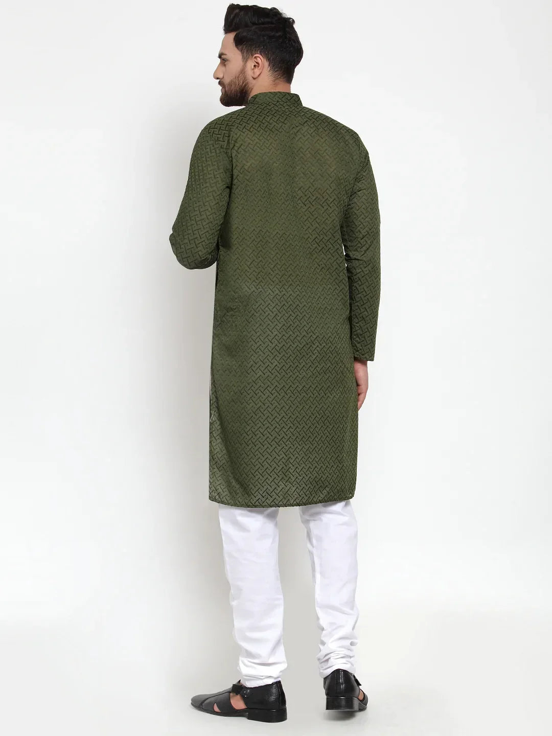 Men Olive Green Chikan Kurta with Churidar ( JOKP 561 Olive )-JOKP-561