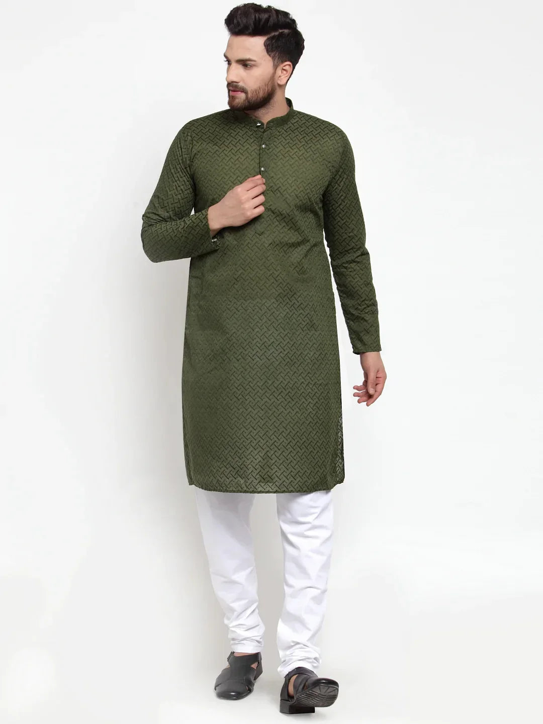 Men Olive Green Chikan Kurta with Churidar ( JOKP 561 Olive )-JOKP-561