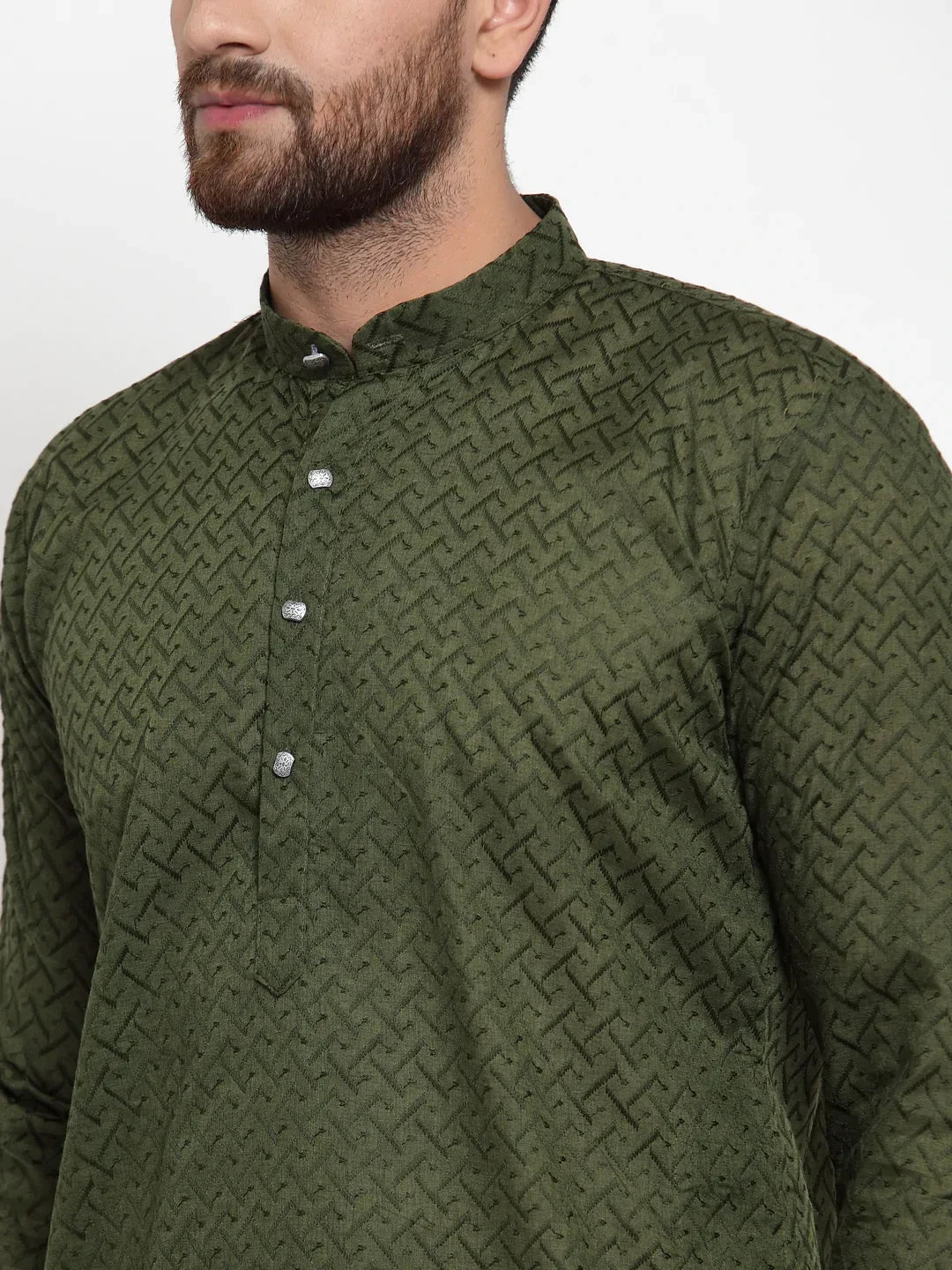 Men Olive Green Chikan Kurta with Churidar ( JOKP 561 Olive )-JOKP-561