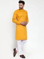 Men Mustard Yellow & White Solid Kurta with Churidar ( JOKP 611 Mustard )-JOKP-611