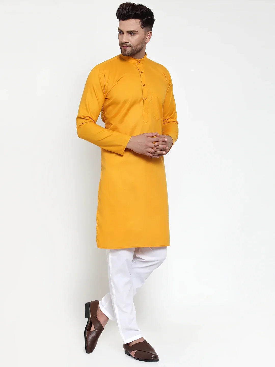 Men Mustard Yellow & White Solid Kurta with Churidar ( JOKP 611 Mustard )-JOKP-611