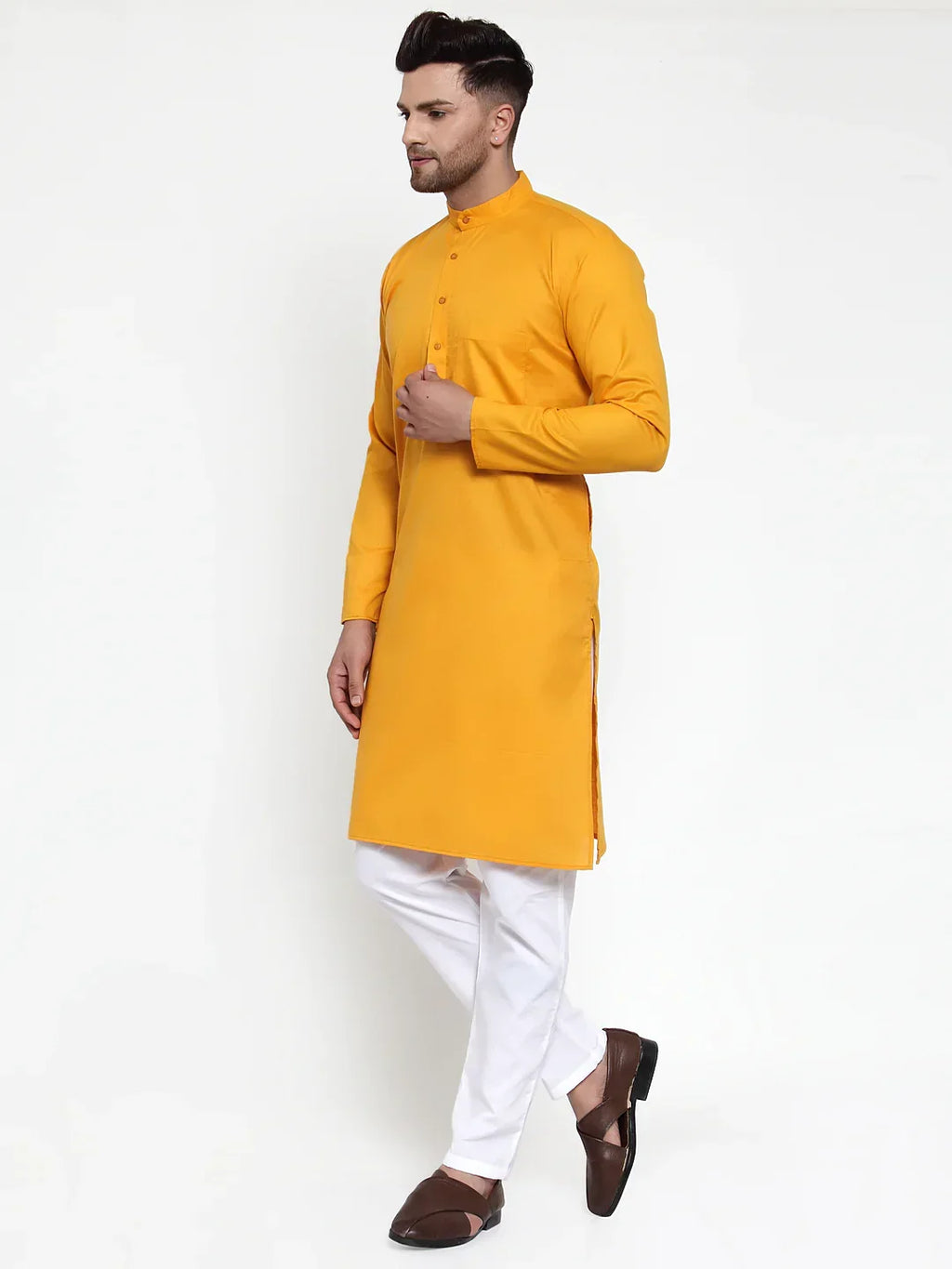 Men Mustard Yellow & White Solid Kurta with Churidar ( JOKP 611 Mustard )-JOKP-611