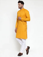 Men Mustard Yellow & White Solid Kurta with Churidar ( JOKP 611 Mustard )-JOKP-611