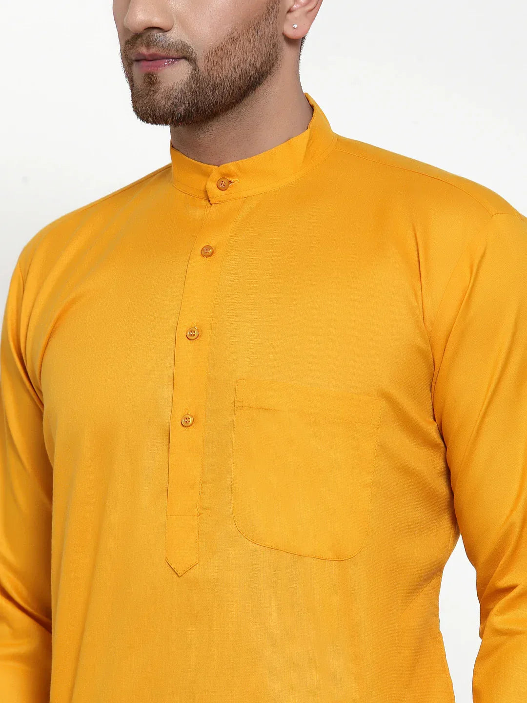 Men Mustard Yellow & White Solid Kurta with Churidar ( JOKP 611 Mustard )-JOKP-611