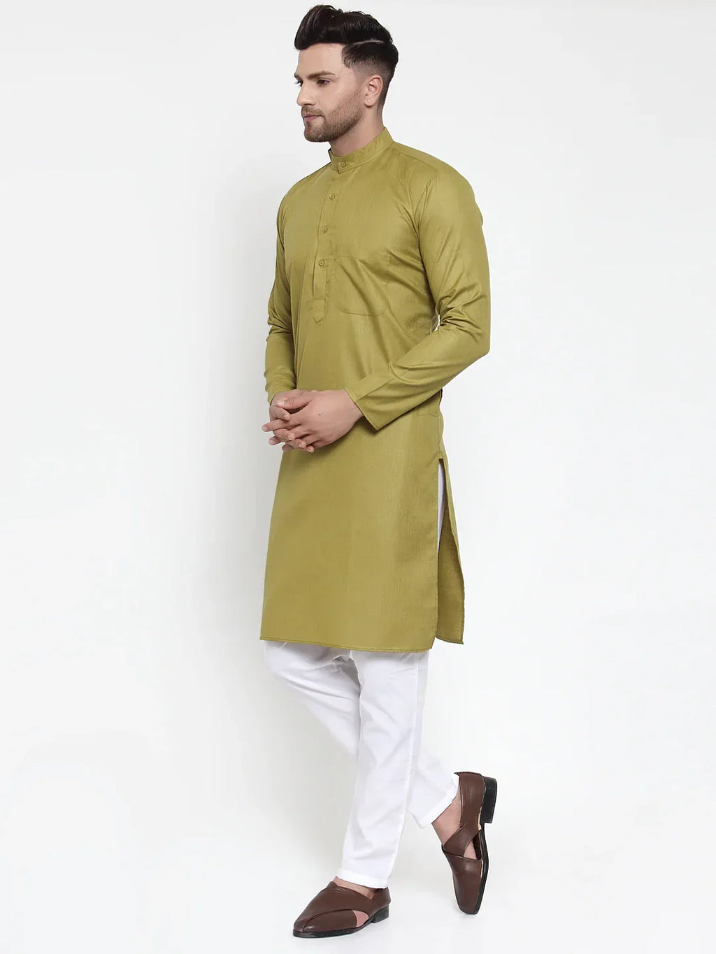 Men Olive Green & White Solid Kurta with Churidar ( JOKP 611 Olive )-JOKP-611