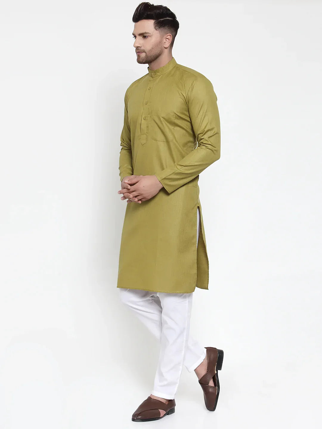 Men Olive Green & White Solid Kurta with Churidar ( JOKP 611 Olive )-JOKP-611