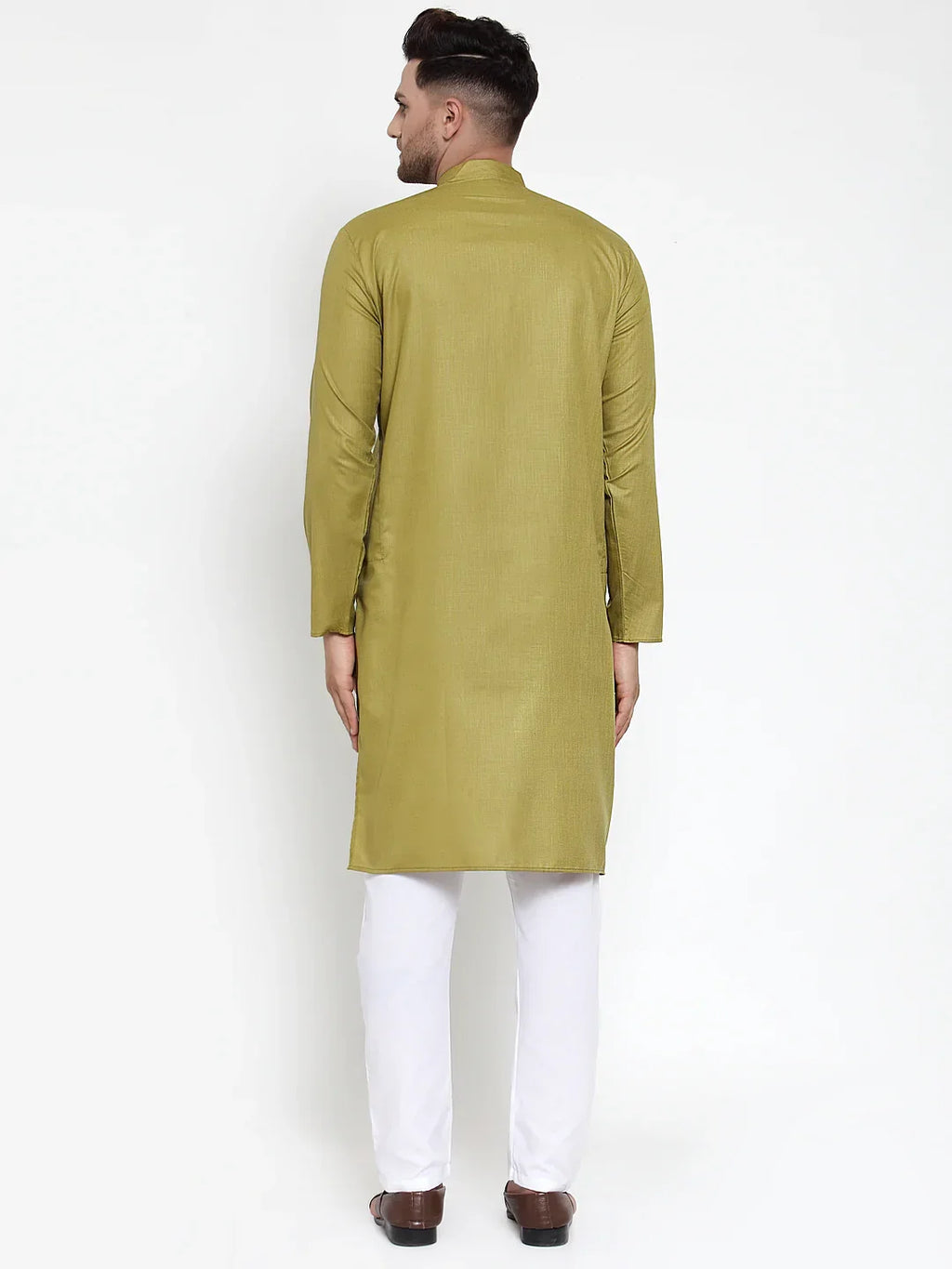 Men Olive Green & White Solid Kurta with Churidar ( JOKP 611 Olive )-JOKP-611