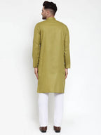 Men Olive Green & White Solid Kurta with Churidar ( JOKP 611 Olive )-JOKP-611