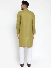 Men Olive Green & White Solid Kurta with Churidar ( JOKP 611 Olive )-JOKP-611