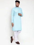 Men Sky-Blue & White Solid Kurta with Churidar ( JOKP 611 Sky )-JOKP-611