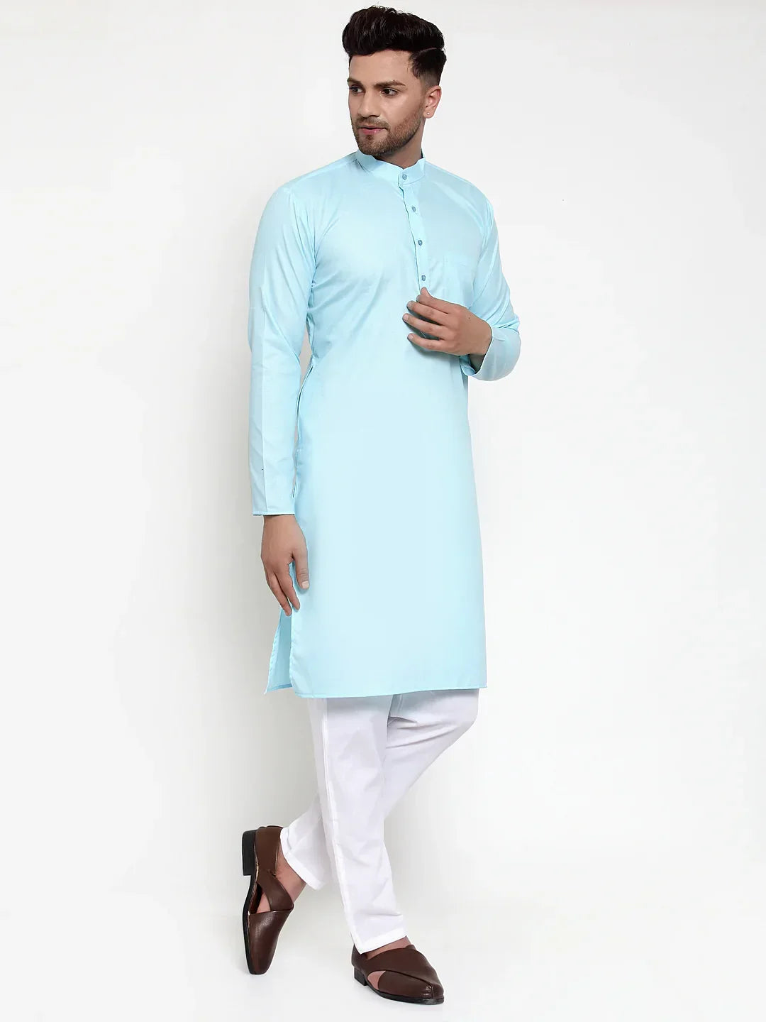 Men Sky-Blue & White Solid Kurta with Churidar ( JOKP 611 Sky )-JOKP-611