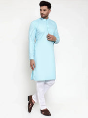 Men Sky-Blue & White Solid Kurta with Churidar ( JOKP 611 Sky )-JOKP-611
