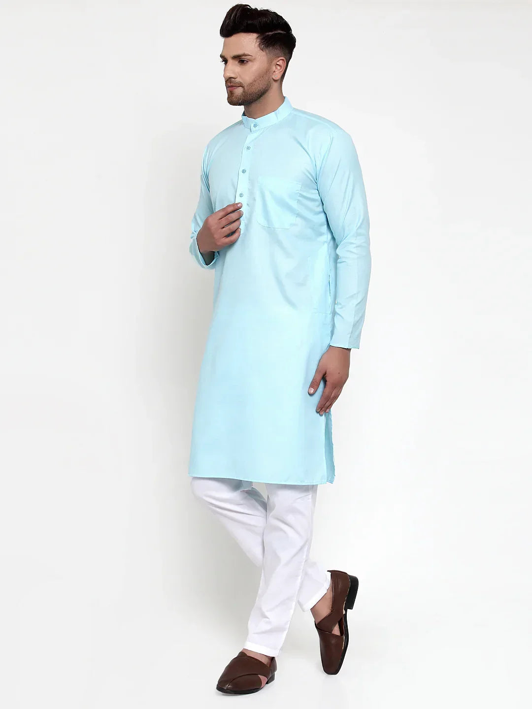 Men Sky-Blue & White Solid Kurta with Churidar ( JOKP 611 Sky )-JOKP-611