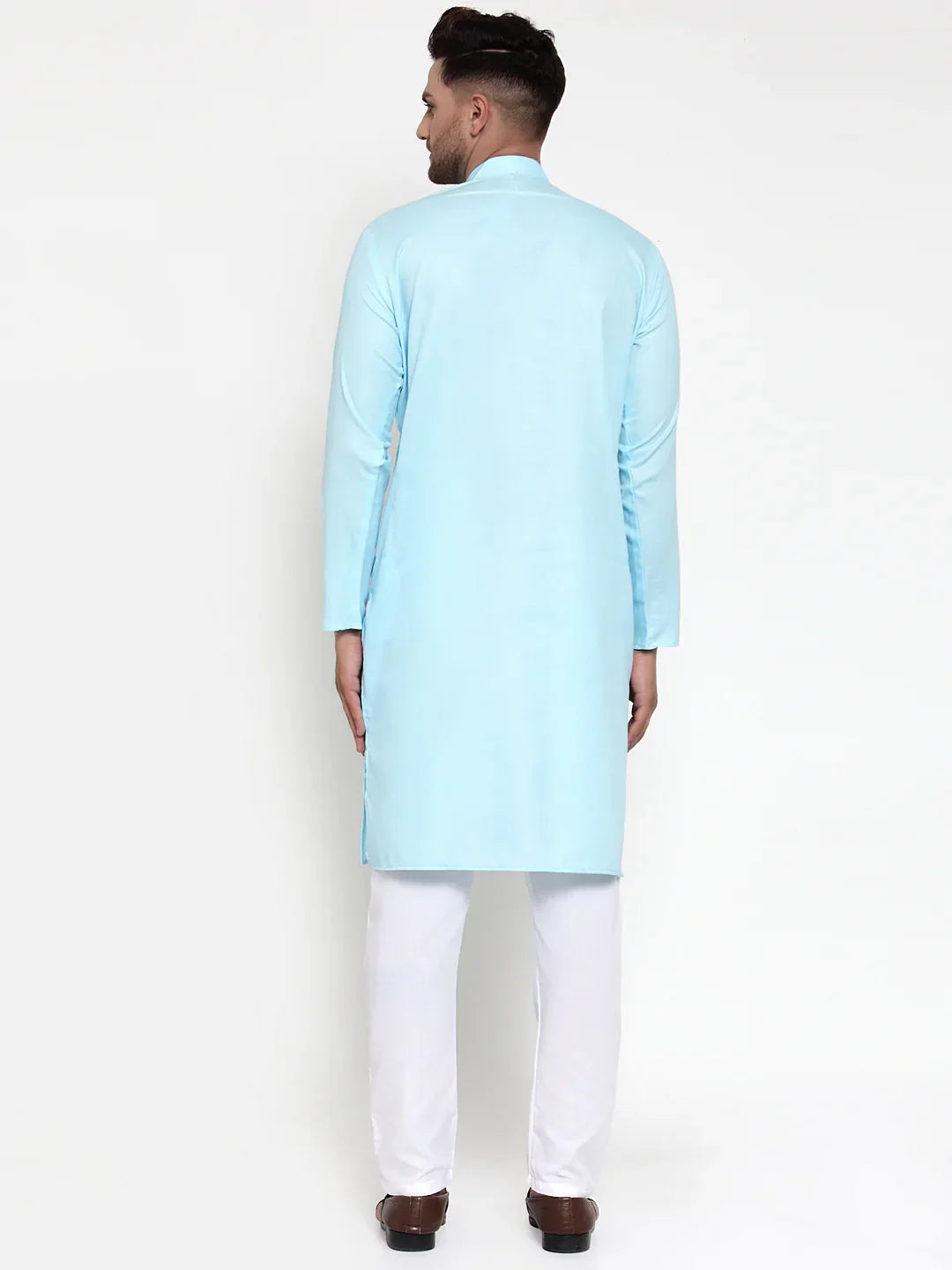 Men Sky-Blue & White Solid Kurta with Churidar ( JOKP 611 Sky )-JOKP-611