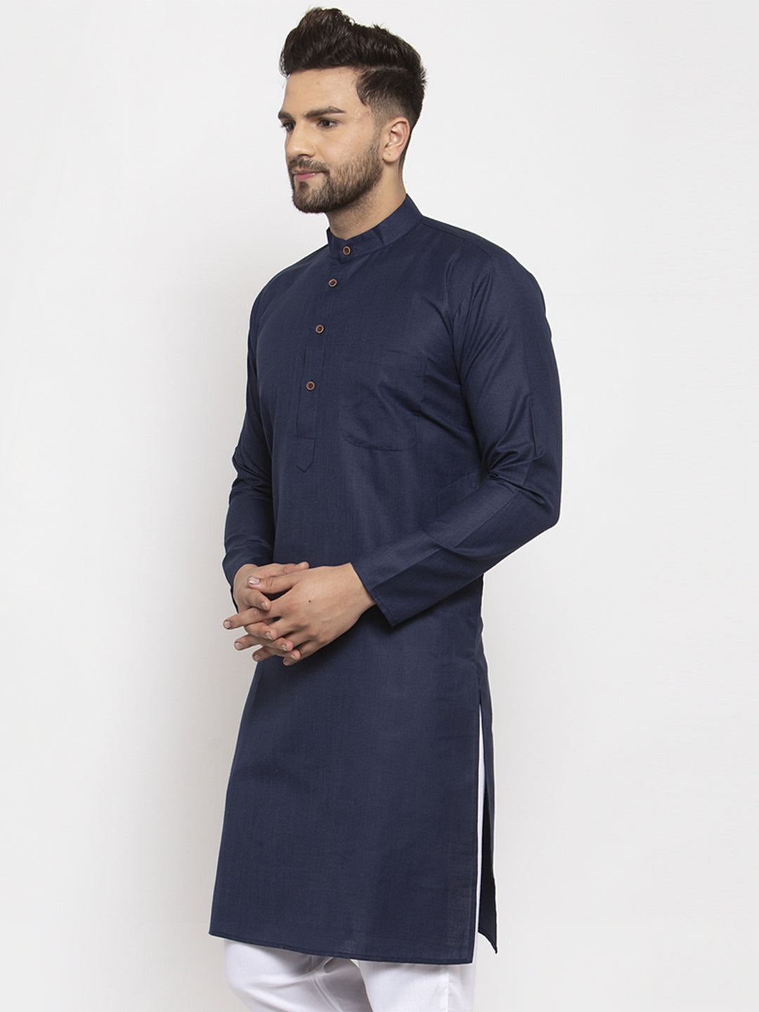Men Navy Blue & White Solid Kurta Only