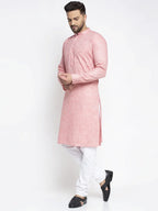 Men Pink & White Self Design Kurta with Pyjamas ( JOKP 638 Coral )-JOKP-638