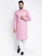 Men Pink & White Self Design Kurta with Pyjamas ( JOKP 638 Pink )-JOKP-638