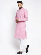Men Pink & White Self Design Kurta with Pyjamas ( JOKP 638 Pink )-JOKP-638
