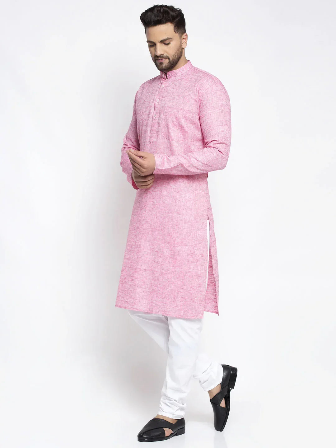 Men Pink & White Self Design Kurta with Pyjamas ( JOKP 638 Pink )-JOKP-638