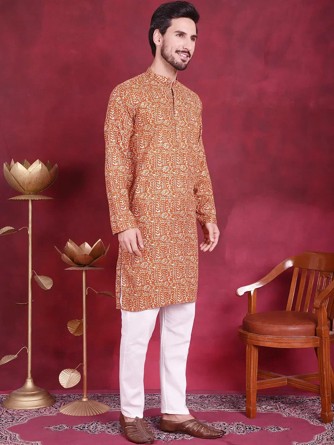 Mustard Viscose Printed Indian Wear for Men | DesiQlo India