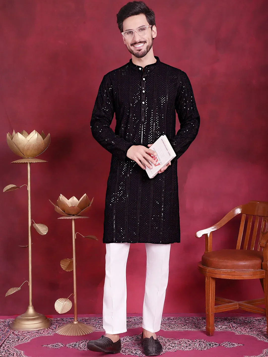 Black Viscose Printed Indian Wear for Men | DesiQlo India