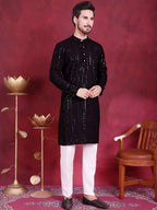 Men's Sequins Chikankari Embroidered Kurta with Pyjama.-JOKP-5015Black