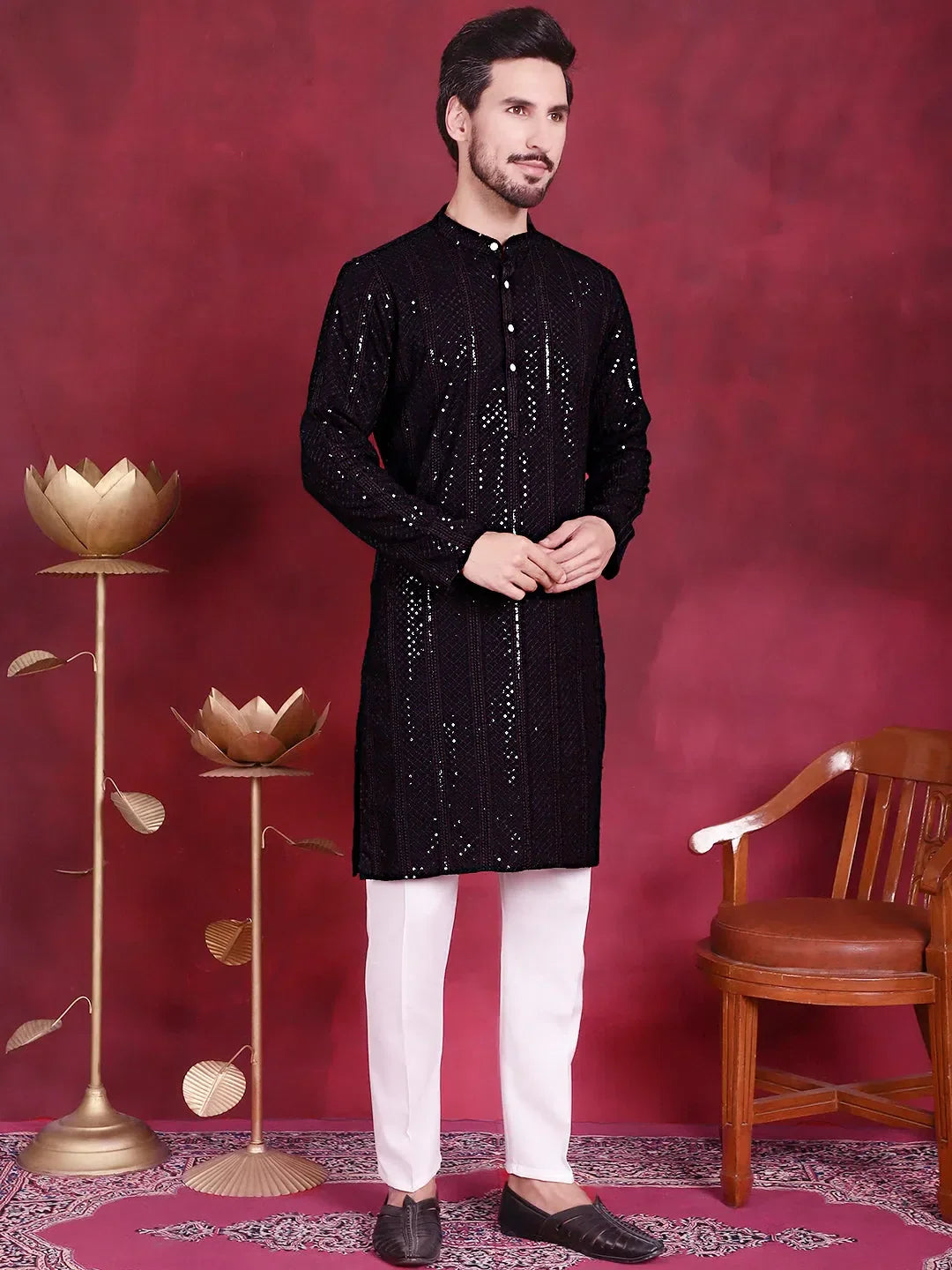 Men's Sequins Chikankari Embroidered Kurta with Pyjama.-JOKP-5015Black
