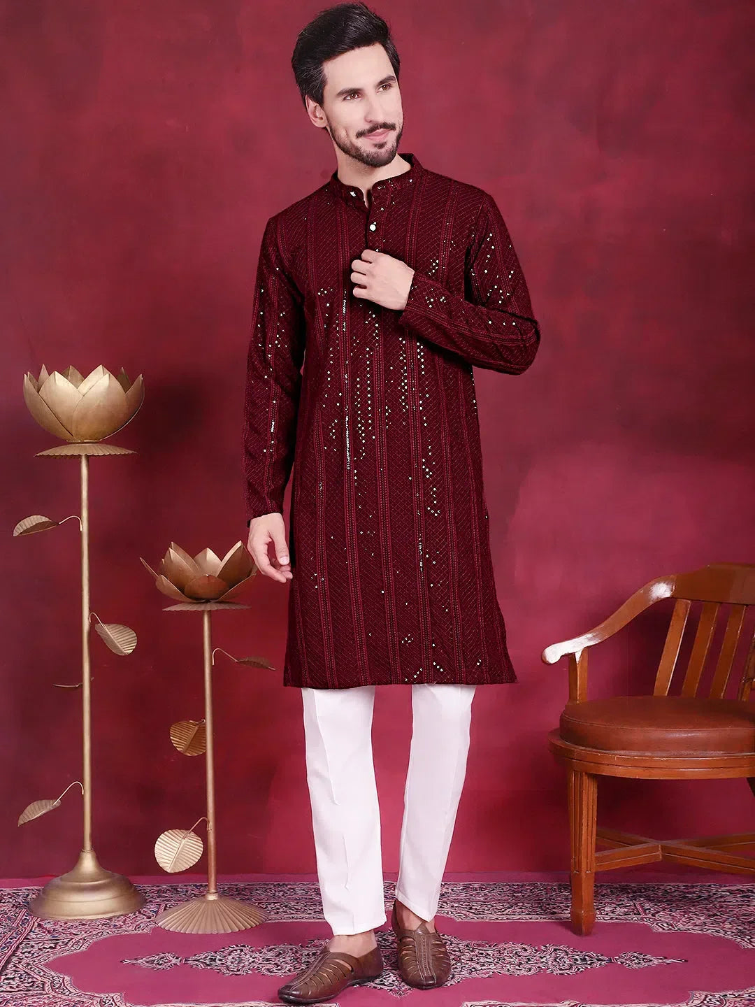 Maroon Viscose Printed Indian Wear for Men | DesiQlo India