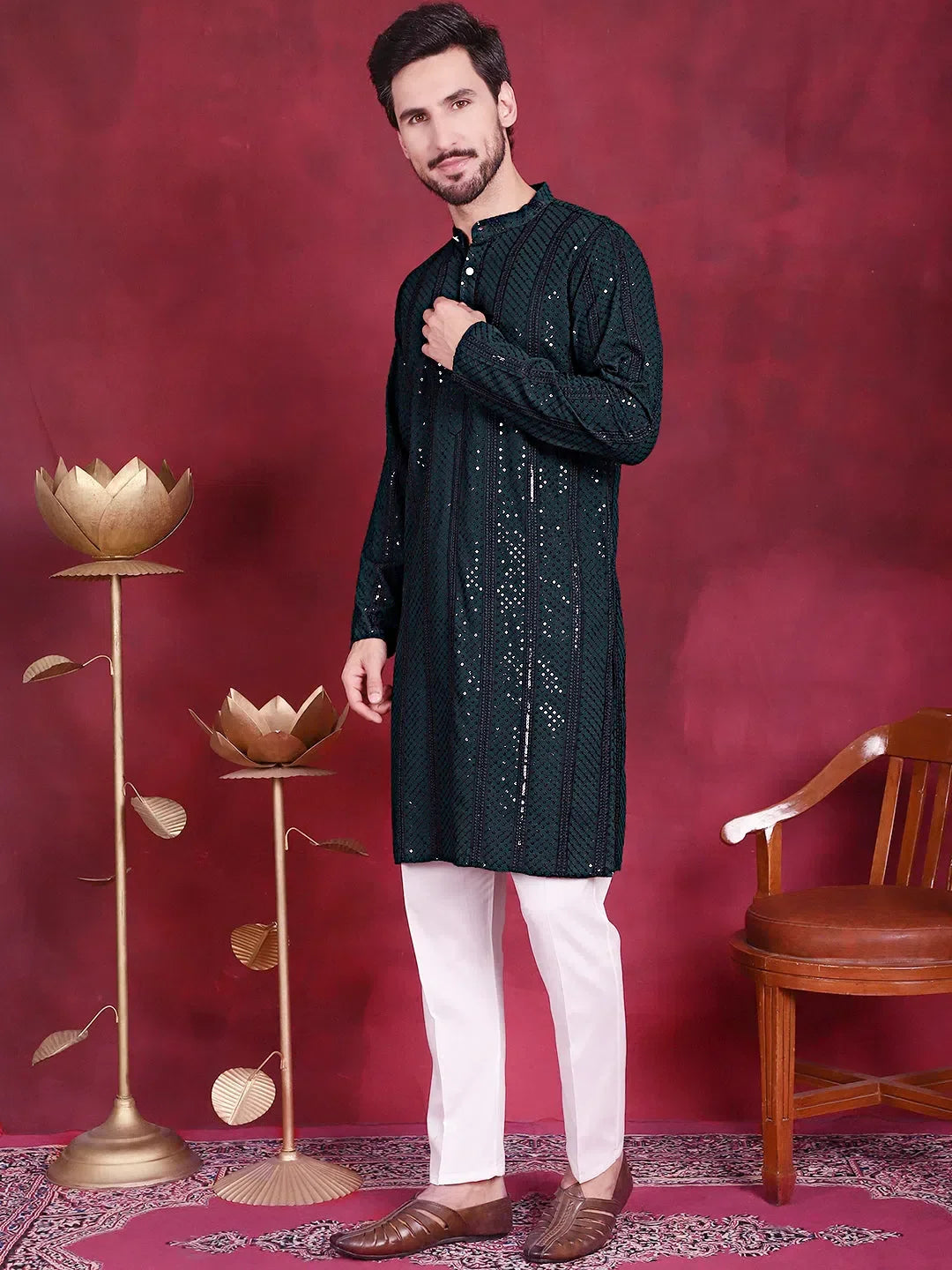 Olive Viscose Printed Indian Wear for Men | DesiQlo India