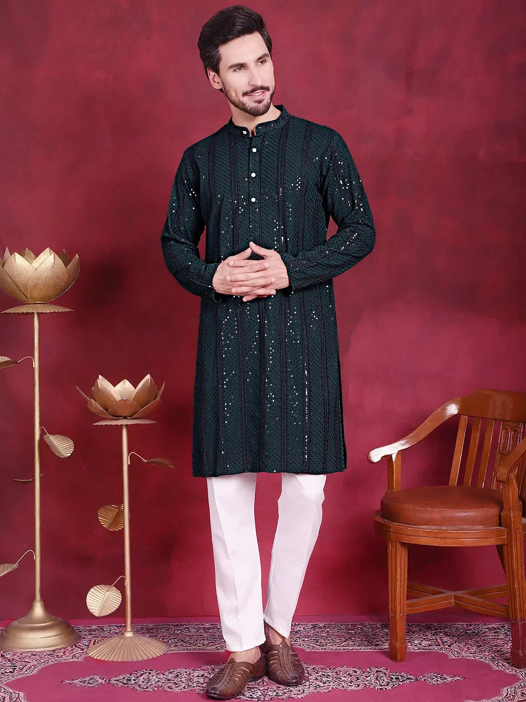 Men's Sequins Chikankari Embroidered Kurta with Pyjama.-JOKP-5015Olive
