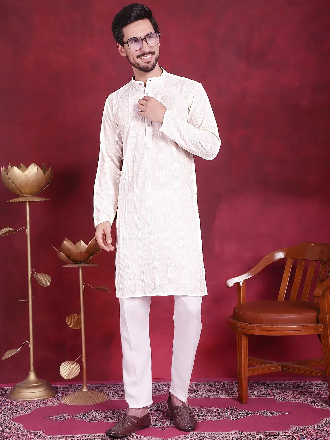 White Viscose Printed Indian Wear for Men | DesiQlo India