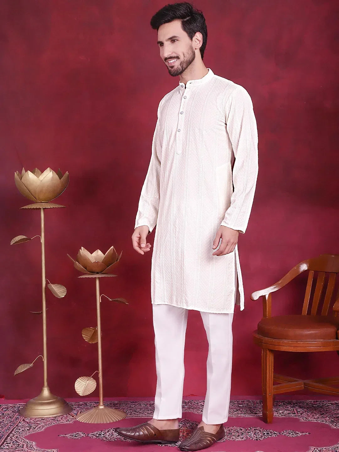 White Viscose Printed Indian Wear for Men | DesiQlo India