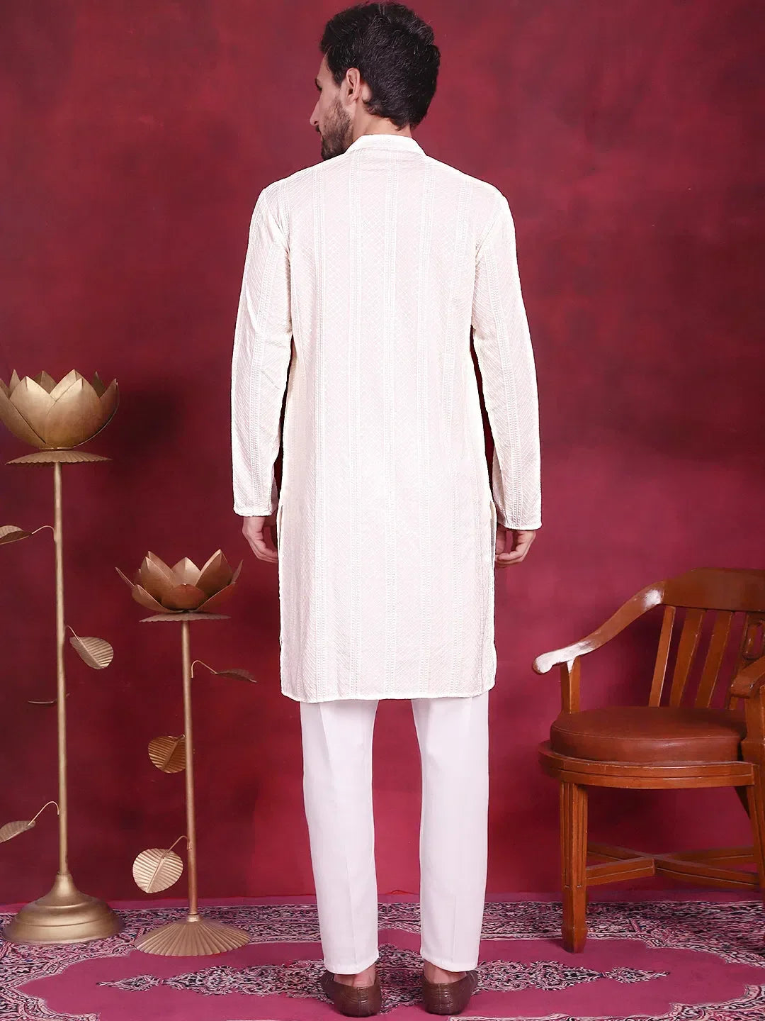 White Viscose Printed Indian Wear for Men | DesiQlo India