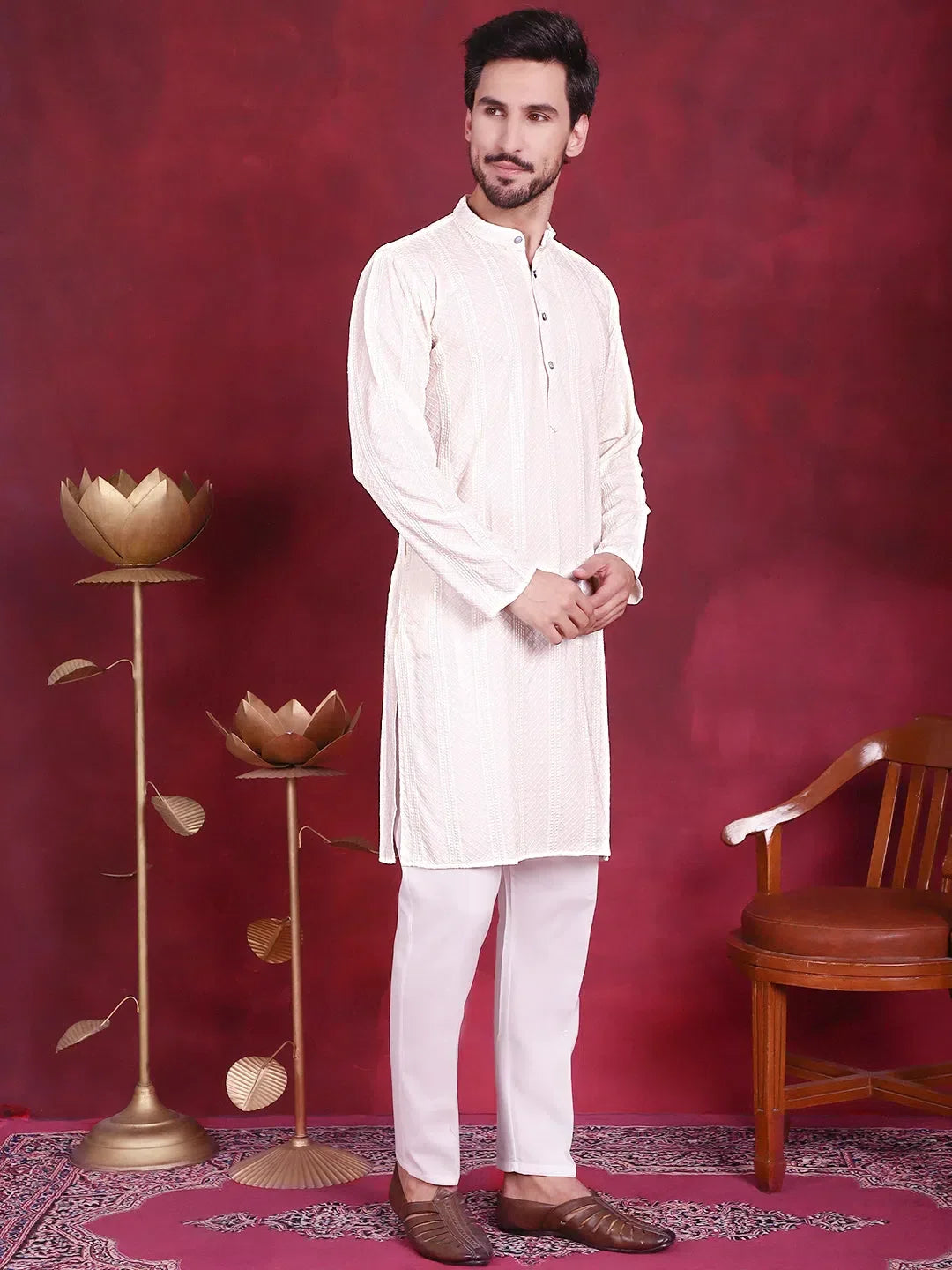 White Viscose Printed Indian Wear for Men | DesiQlo India