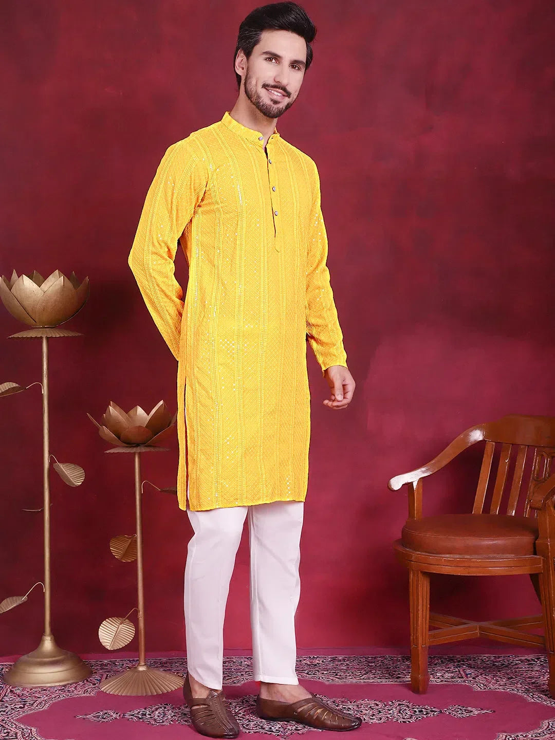 Yellow Viscose Printed Indian Wear for Men | DesiQlo India