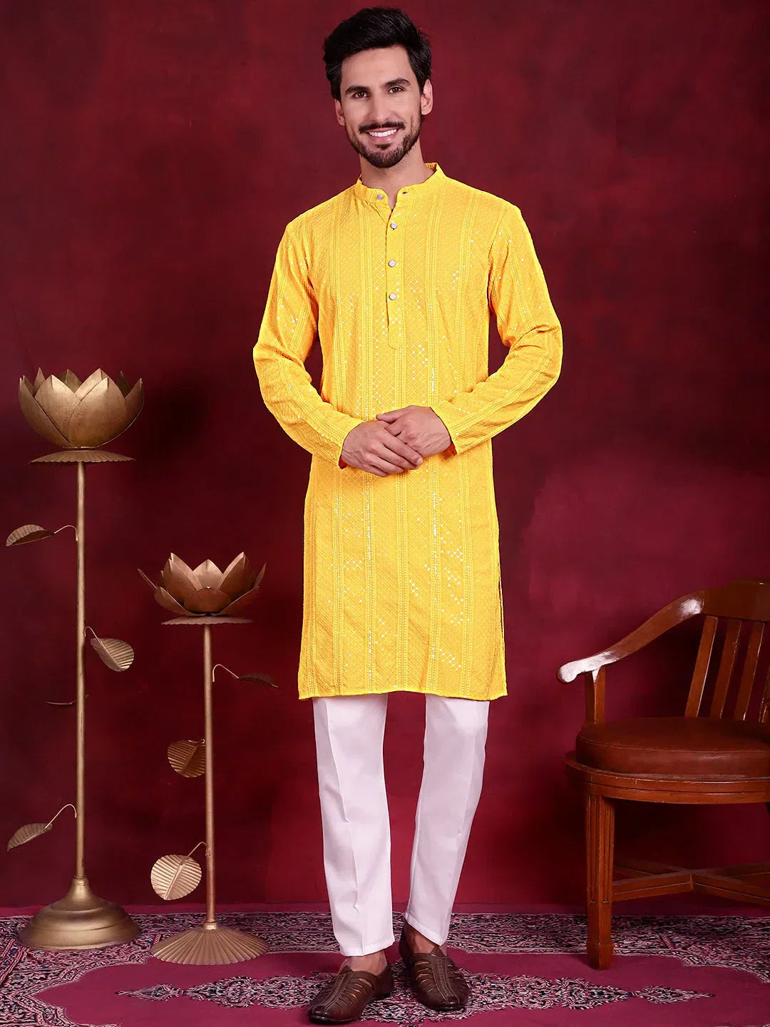 Yellow Viscose Printed Indian Wear for Men | DesiQlo India
