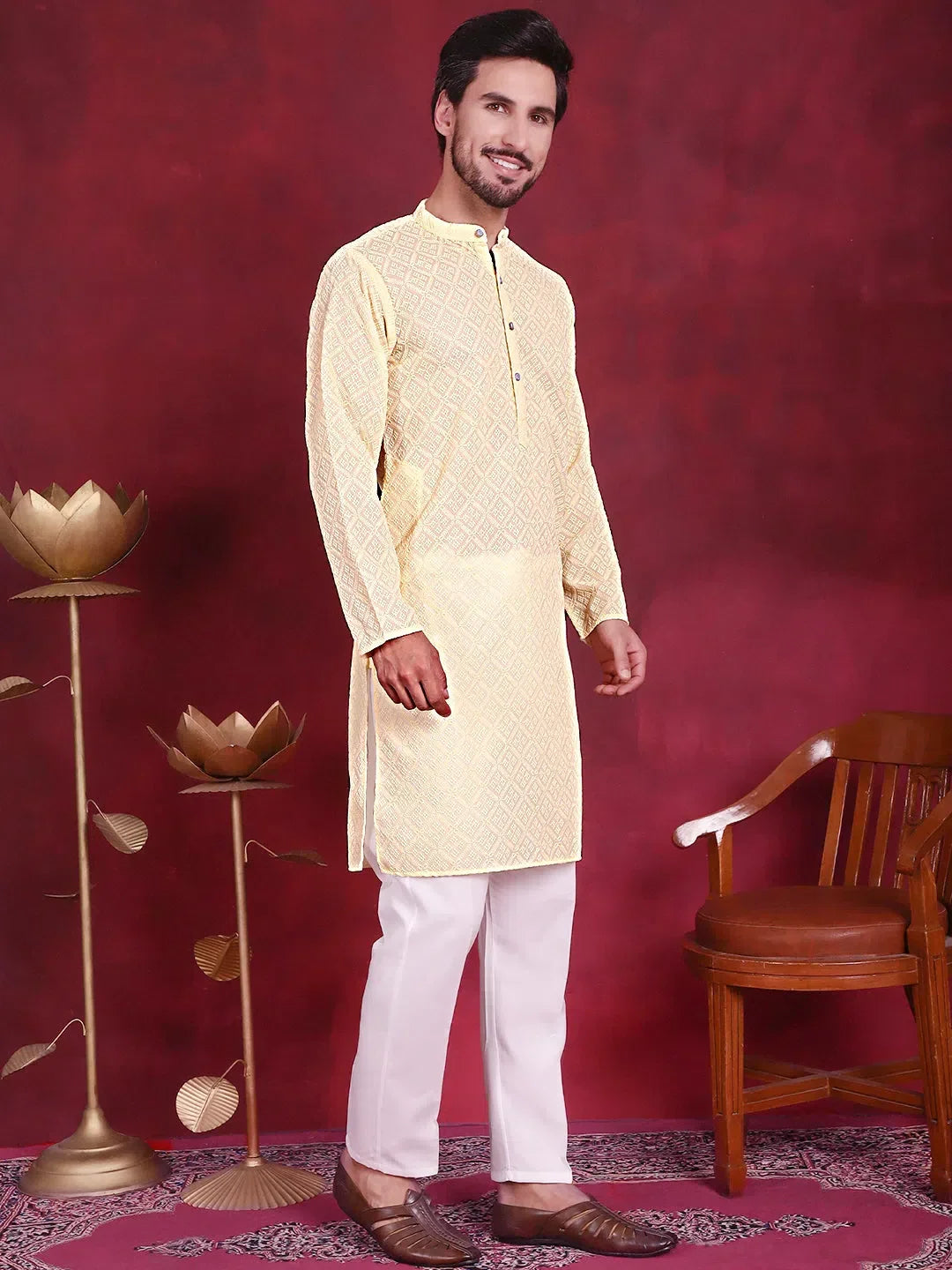Yellow Polyester Printed Indian Wear for Men | DesiQlo India