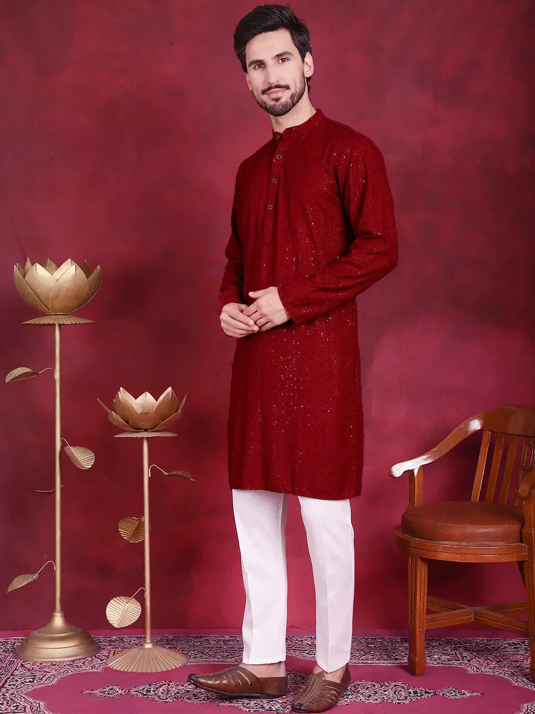 Maroon Viscose Embroidered Indian Wear for Men | DesiQlo India