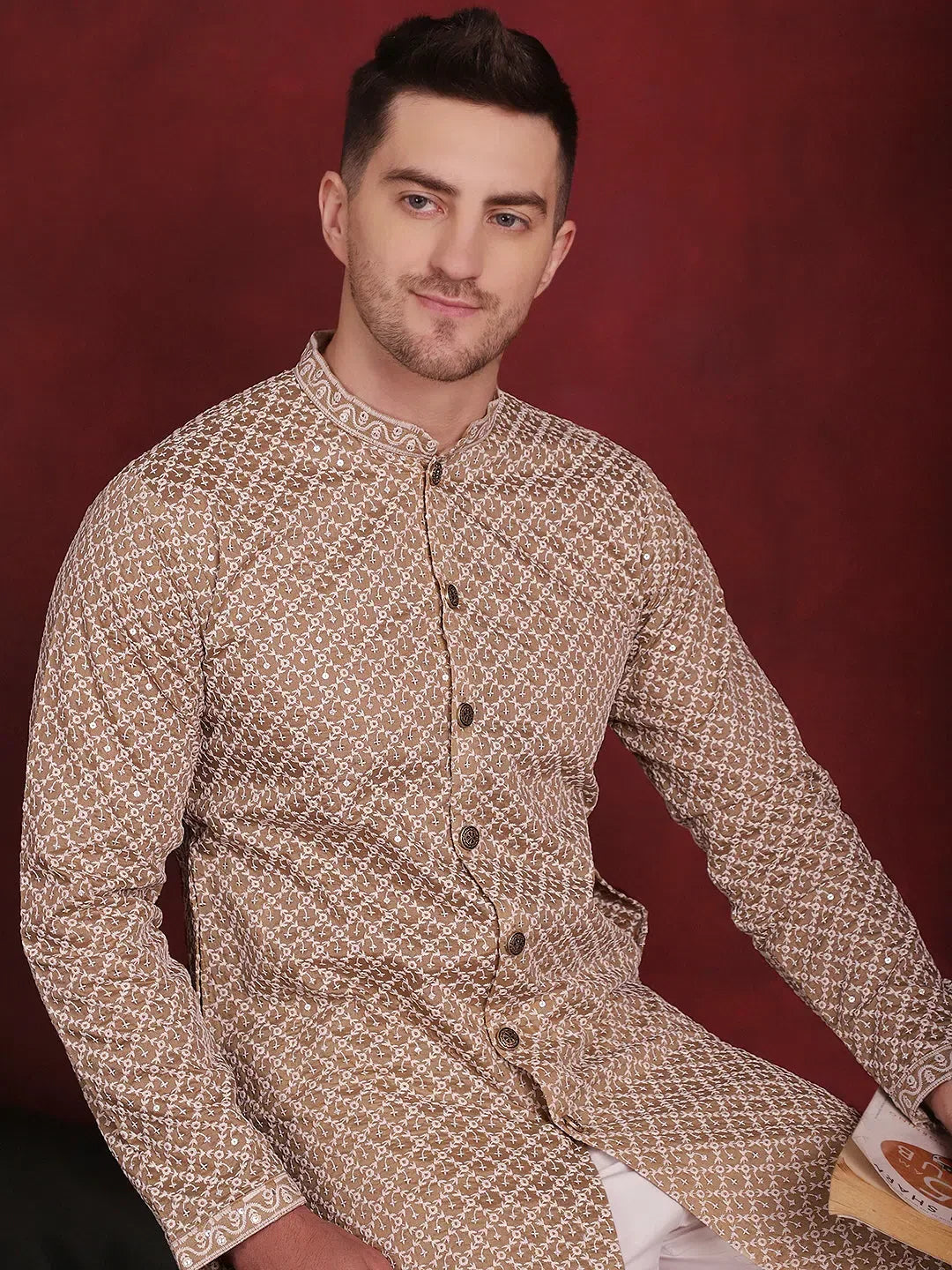 Beige Polyester Embroidered Indian Wear for Men | DesiQlo India