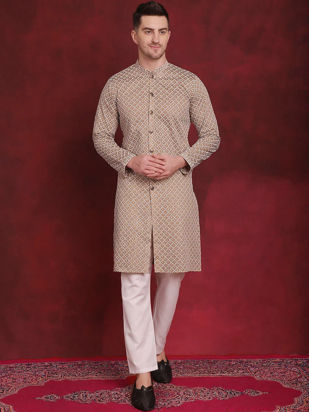 Beige Polyester Embroidered Indian Wear for Men | DesiQlo India