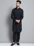 Men's Black Cotton Solid Pathani Kurta with Salwar-JOKP-696Black