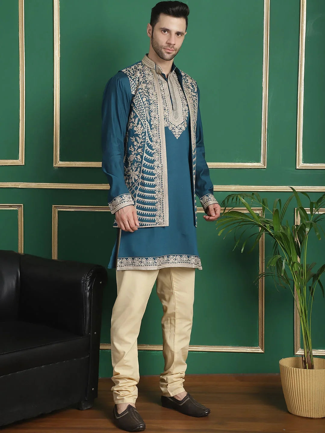 Men's Embroidered Waistcoat and Kurta Pyjama-JOKPWCS-50
