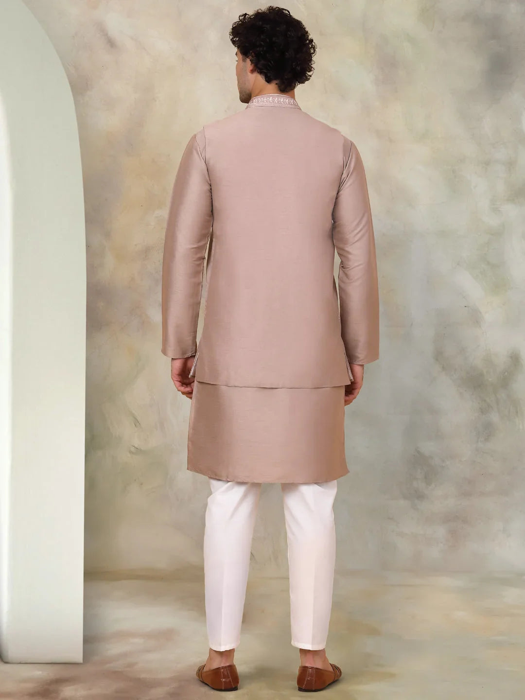Men's Embroidered Waistcoat and Kurta Pyjama-JOKPWCS-5062Bronze
